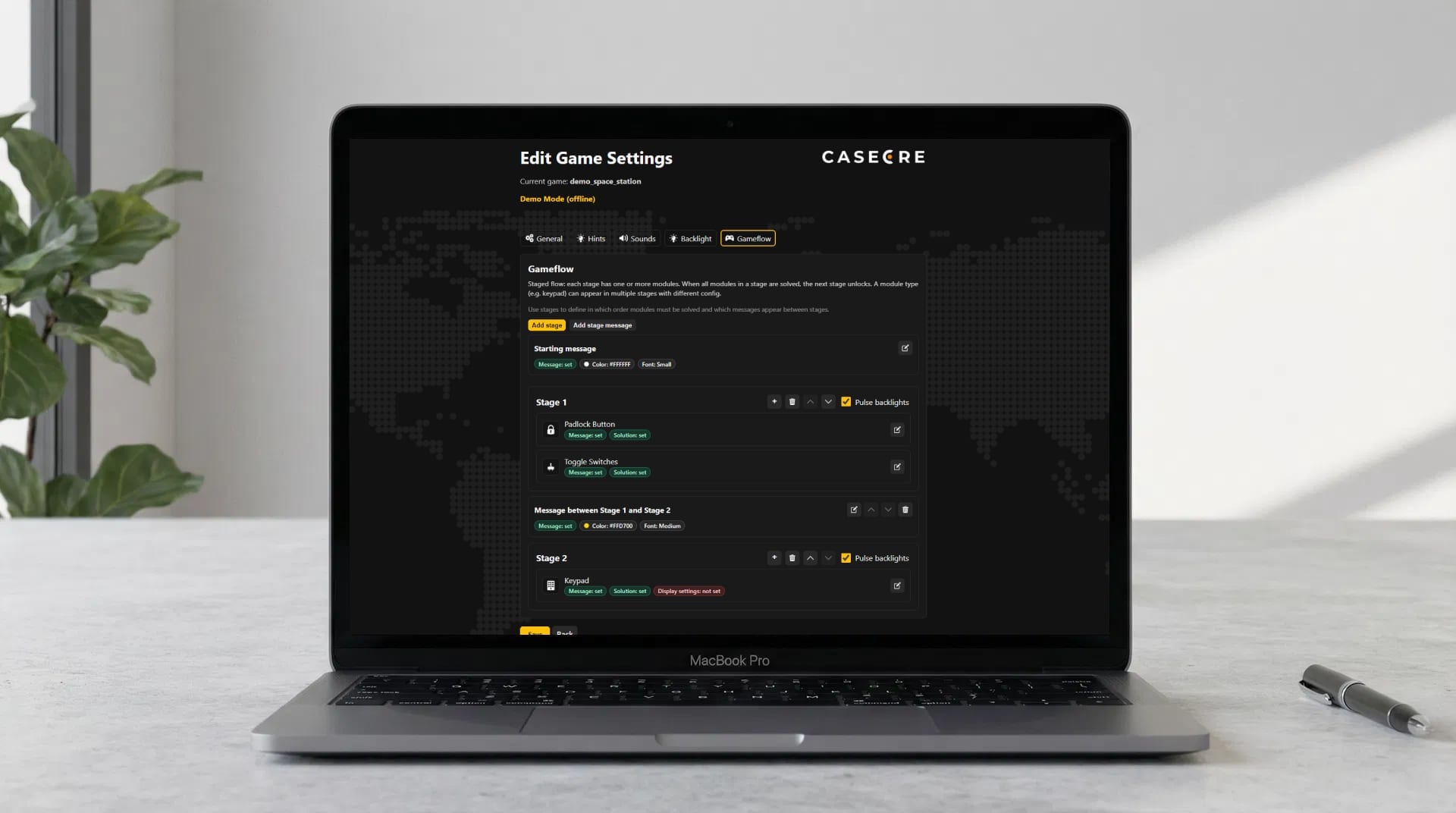 Casecore EX-Core Wi-Fi configuration dashboard — configure puzzle solutions, timers and game flow from any browser